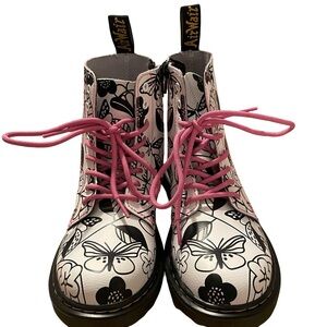 Dr. Martens Kids Black and White Floral Boots with Pink Accents Size US 3 NWOT